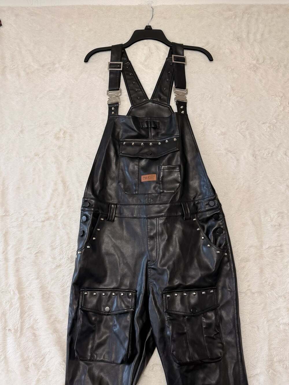 Love Kleep Faux Leather Overalls Size M Black Studded Cargo Dungarees
